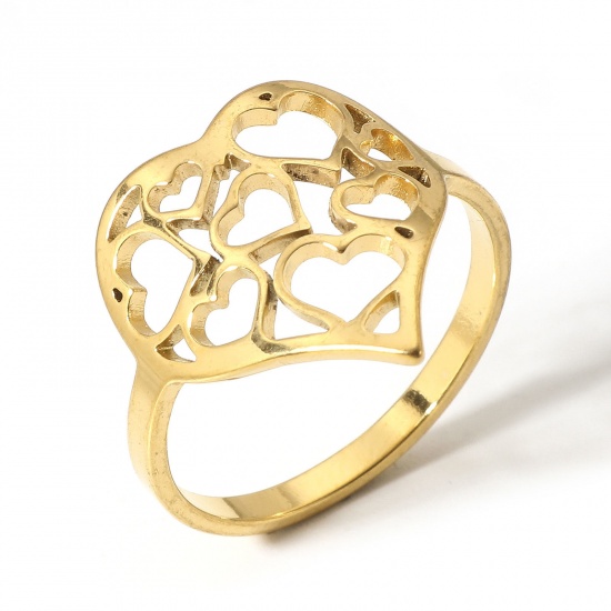 Picture of 1 Piece 304 Stainless Steel Unadjustable Rings Gold Plated Heart 17.7mm(US Size 7.5)