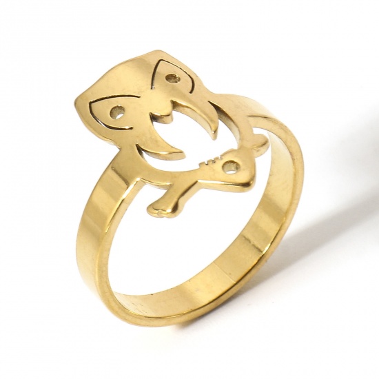 Picture of 1 Piece 304 Stainless Steel Unadjustable Rings Gold Plated Owl 16.7mm(US size 6.25)