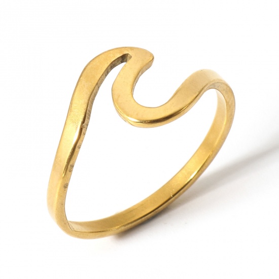 Picture of 1 Piece 304 Stainless Steel Unadjustable Rings Gold Plated Wave 16.7mm(US size 6.25)