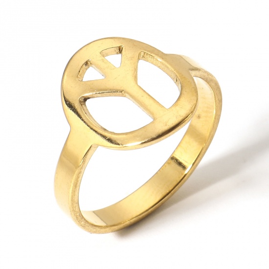 Picture of 1 Piece 304 Stainless Steel Unadjustable Rings Gold Plated Peace Symbol 16.7mm(US size 6.25)