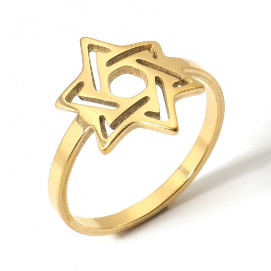Picture of 1 Piece 304 Stainless Steel Unadjustable Rings Gold Plated Star Of David Hexagram 17.7mm(US Size 7.5)