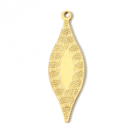 Picture of 10 PCs Vacuum Plating 304 Stainless Steel Filigree Stamping Charms Gold Plated Leaf Carved Pattern 27mm x 8.5mm