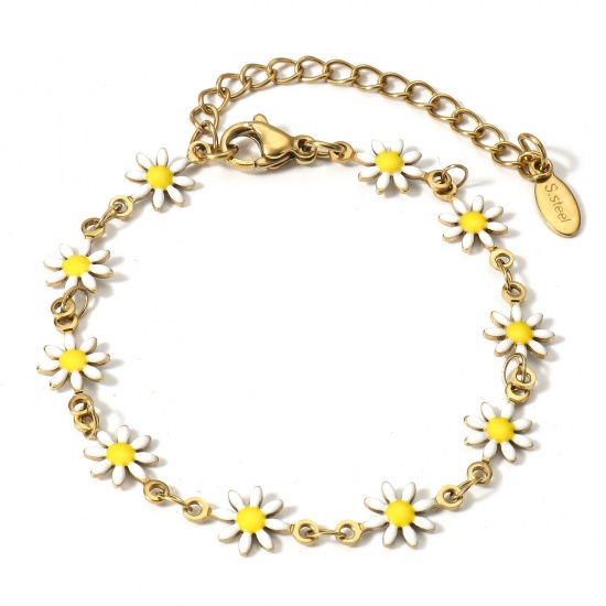 Picture of 1 Piece Vacuum Plating 304 Stainless Steel Handmade Link Chain Bracelets 18K Gold Plated White Daisy Flower With Lobster Claw Clasp And Extender Chain 16cm(6 2/8") long