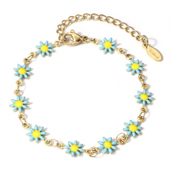 Picture of 1 Piece 304 Stainless Steel Handmade Link Chain Bracelets 18K Gold Color Blue Daisy Flower With Lobster Claw Clasp And Extender Chain 16cm(6 2/8") long