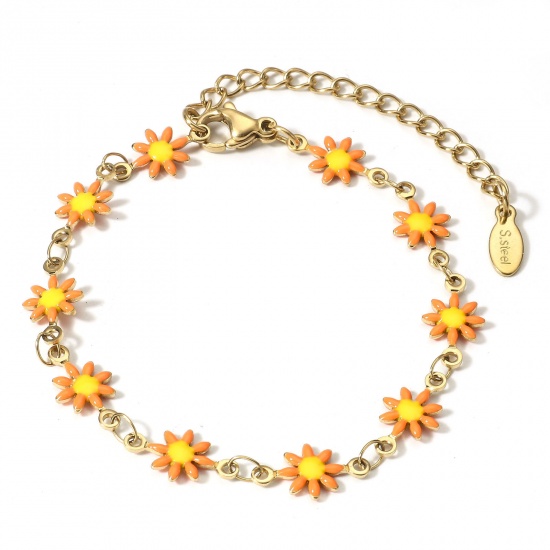 Picture of 1 Piece 304 Stainless Steel Handmade Link Chain Bracelets 18K Gold Color Orange Daisy Flower With Lobster Claw Clasp And Extender Chain 16cm(6 2/8") long