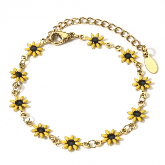 Picture of 1 Piece 304 Stainless Steel Handmade Link Chain Bracelets 18K Gold Color Yellow Daisy Flower With Lobster Claw Clasp And Extender Chain 16cm(6 2/8") long