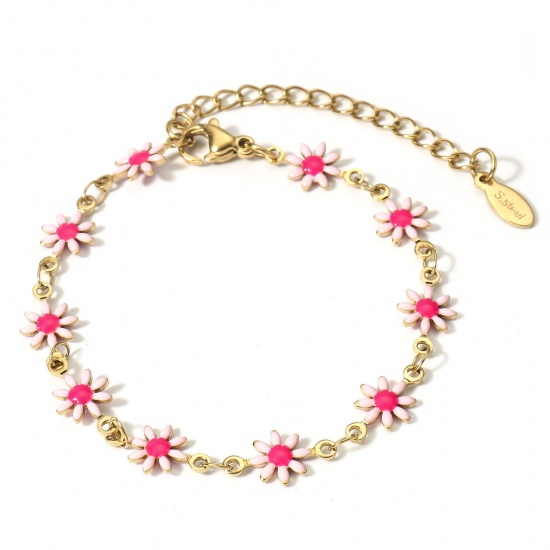 Picture of 1 Piece 304 Stainless Steel Handmade Link Chain Bracelets 18K Gold Color Pink Daisy Flower With Lobster Claw Clasp And Extender Chain 16cm(6 2/8") long