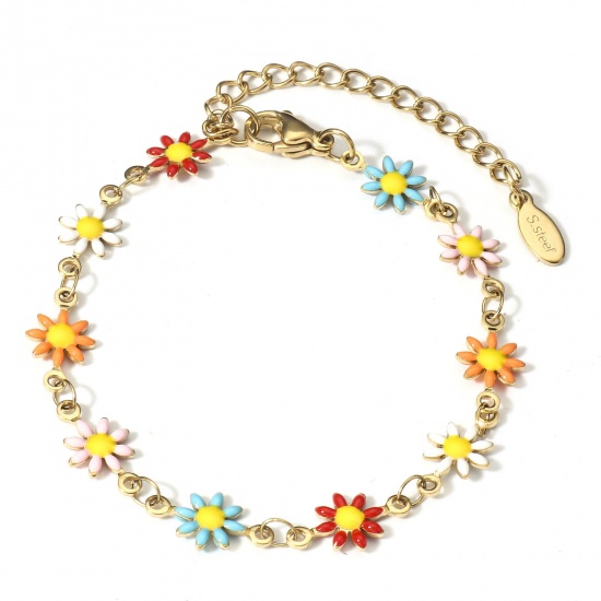 Picture of 1 Piece 304 Stainless Steel Handmade Link Chain Bracelets 18K Gold Color Multicolor Daisy Flower With Lobster Claw Clasp And Extender Chain 16cm(6 2/8") long