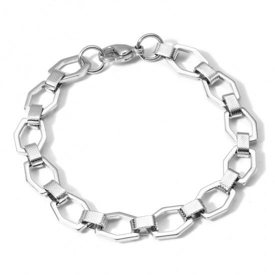 Picture of 1 Piece 304 Stainless Steel Handmade Link Chain Bracelets Silver Tone With Lobster Claw Clasp 21.5cm(8 4/8") long