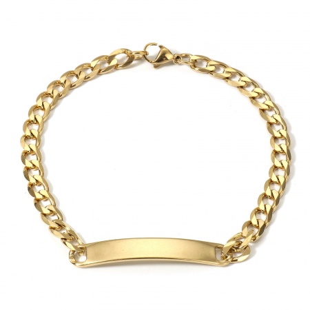 Picture of 1 Piece Vacuum Plating 304 Stainless Steel Blank Stamping Tags Bracelets Rectangle 18K Gold Plated With Lobster Claw Clasp 21cm(8 2/8") long
