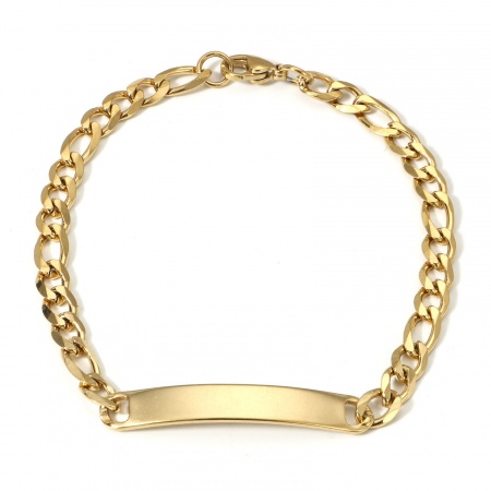 Picture of 1 Piece Vacuum Plating 304 Stainless Steel Blank Stamping Tags Bracelets Rectangle 18K Gold Plated With Lobster Claw Clasp 21cm(8 2/8") long