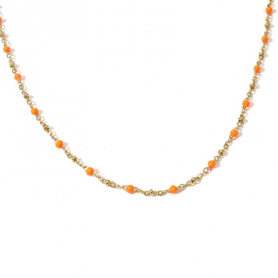 Picture of 1 Piece 304 Stainless Steel Handmade Link Chain Necklace For DIY Jewelry Making Gold Plated Orange Enamel 45cm(17 6/8") long, Chain Size: 3mm