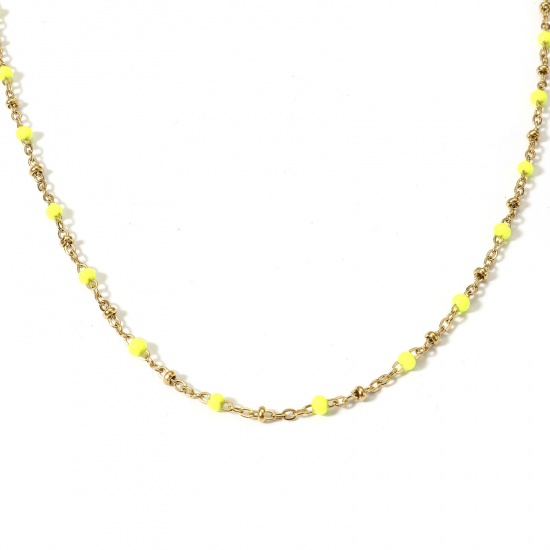 Picture of 1 Piece 304 Stainless Steel Handmade Link Chain Necklace For DIY Jewelry Making Gold Plated Neon Yellow Enamel 45cm(17 6/8") long, Chain Size: 3mm