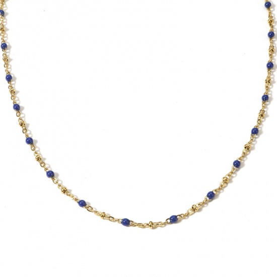 Picture of 1 Piece 304 Stainless Steel Handmade Link Chain Necklace For DIY Jewelry Making Gold Plated Dark Blue Enamel 45cm(17 6/8") long, Chain Size: 3mm