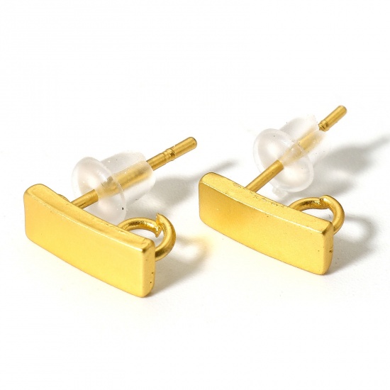 Picture of 2 PCs Zinc Based Alloy Ear Post Stud Earrings Findings Rectangle Matt Gold With Loop 10mm x 4mm, Post/ Wire Size: (19 gauge)