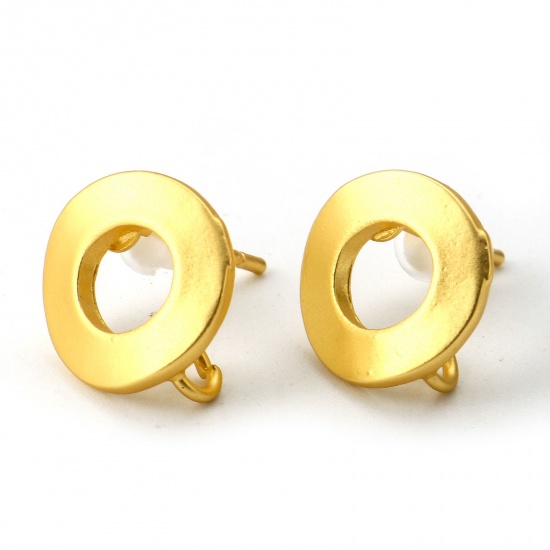 Picture of 2 PCs Zinc Based Alloy Ear Post Stud Earrings Findings Circle Ring Matt Gold With Loop 12mm Dia., Post/ Wire Size: (19 gauge)