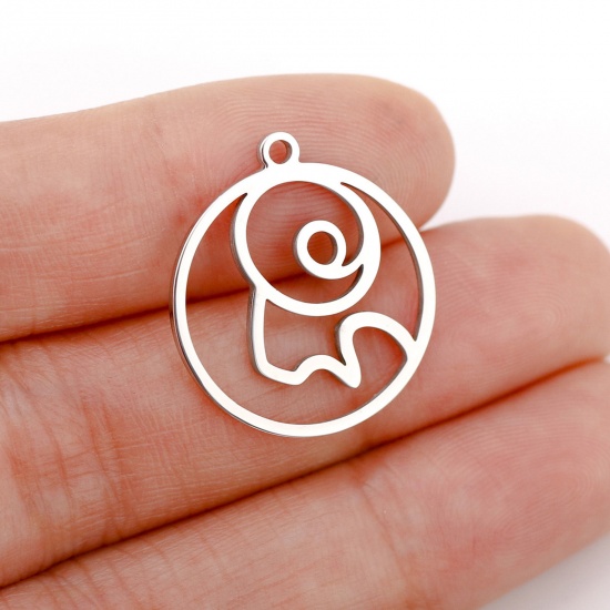 Immagine di 1 Pz 304 Acciaio Inossidabile Charms Tondo Tono Argento Costellazione Capricorno Filigrana 22mm x 20mm