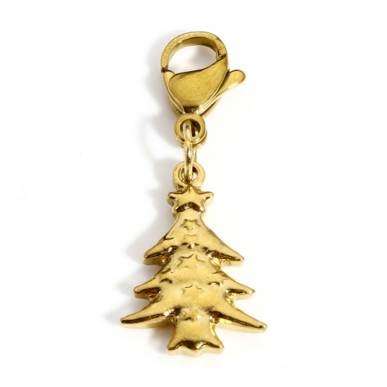 Bild von 1 Stück 304 Edelstahl Charms Anhängerträger für Vintage Armband Weihnachten Weihnachtsbaum 18K Gold Mit Karabiner Verschluss 3.6cm x 1.4cm