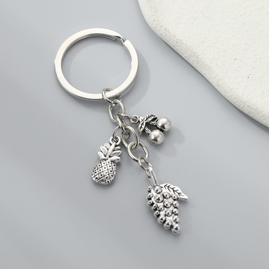 Picture of 1 Piece Pastoral Style Keychain & Keyring Antique Silver Color Pineapple/ Ananas Fruit Grape 7cm