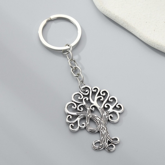 Picture of 1 Piece Pastoral Style Keychain & Keyring Antique Silver Color Tree Hollow 7cm