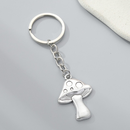Picture of 1 Piece Pastoral Style Keychain & Keyring Antique Silver Color Mushroom 7cm