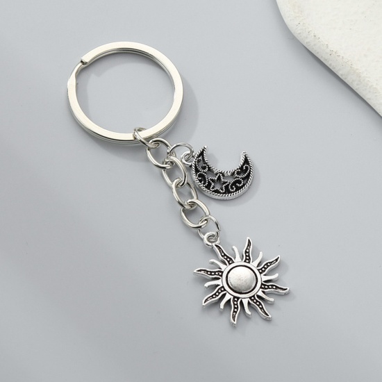 Picture of 1 Piece Galaxy Keychain & Keyring Antique Silver Color Sun & Moon 7cm
