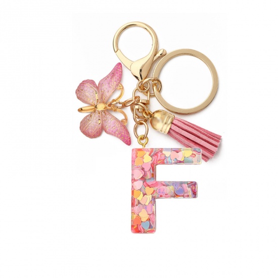 Picture of 1 Piece Resin Stylish Keychain & Keyring Gold Plated Pink Butterfly Animal Initial Alphabet/ Capital Letter Message " F " 10.5cm