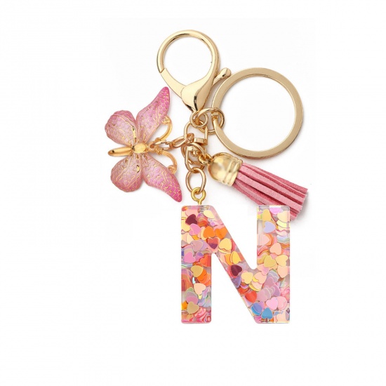 Picture of 1 Piece Resin Stylish Keychain & Keyring Gold Plated Pink Butterfly Animal Initial Alphabet/ Capital Letter Message " N " 10.5cm