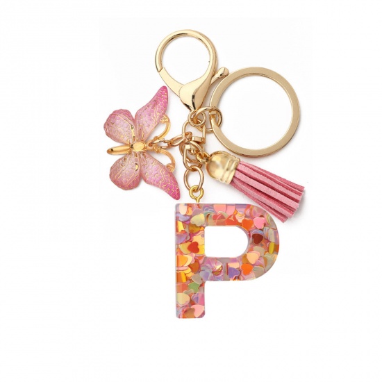 Picture of 1 Piece Resin Stylish Keychain & Keyring Gold Plated Pink Butterfly Animal Initial Alphabet/ Capital Letter Message " P " 10.5cm