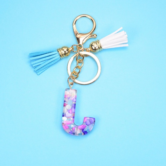 Picture of 1 Piece Resin Stylish Keychain & Keyring Gold Plated Pale Lilac Tassel Initial Alphabet/ Capital Letter Message " J " 10cm