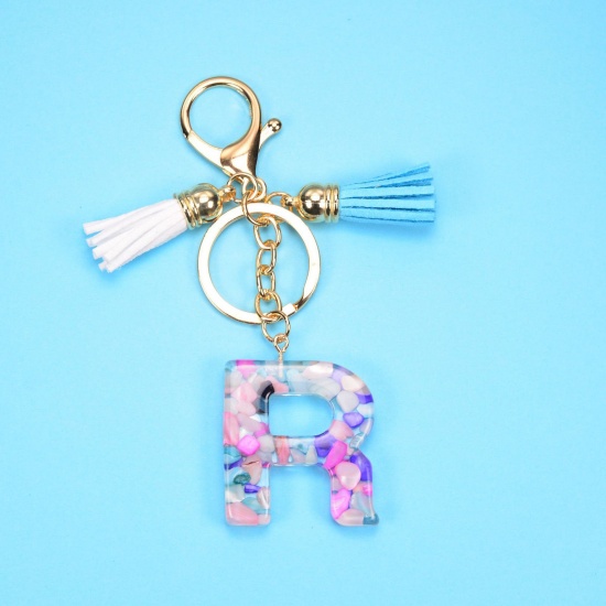 Picture of 1 Piece Resin Stylish Keychain & Keyring Gold Plated Pale Lilac Tassel Initial Alphabet/ Capital Letter Message " R " 10cm