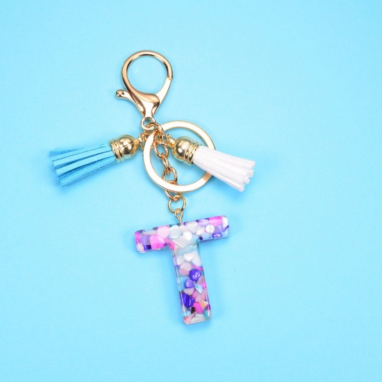 Picture of 1 Piece Resin Stylish Keychain & Keyring Gold Plated Pale Lilac Tassel Initial Alphabet/ Capital Letter Message " T " 10cm