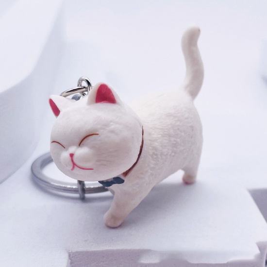 Picture of 1 Piece Vinyl Cute Keychain & Keyring Silver Tone White Cat Animal 4.5cm x 2cm