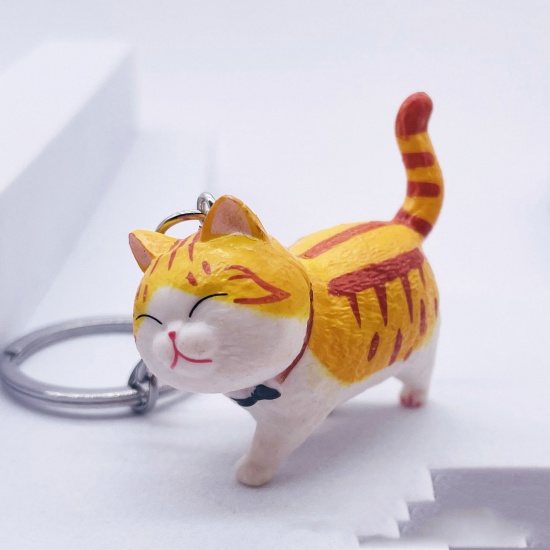 Picture of 1 Piece Vinyl Cute Keychain & Keyring Silver Tone Orange Cat Animal 4.5cm x 2cm