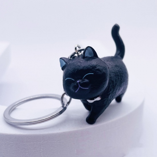 Picture of 1 Piece Vinyl Cute Keychain & Keyring Silver Tone Black Cat Animal 4.5cm x 2cm