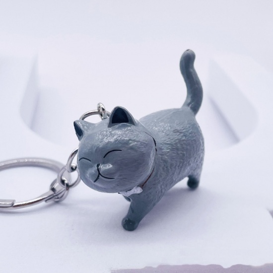 Picture of 1 Piece Vinyl Cute Keychain & Keyring Silver Tone Gray Cat Animal 4.5cm x 2cm