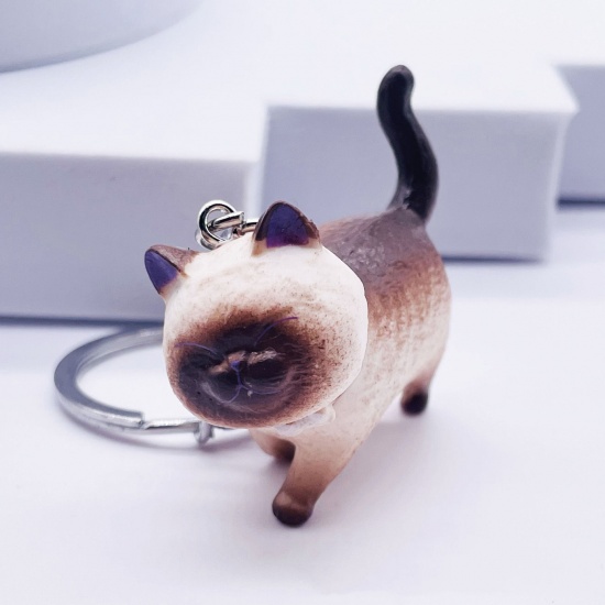 Picture of 1 Piece Vinyl Cute Keychain & Keyring Silver Tone Brown Cat Animal 4.5cm x 2cm