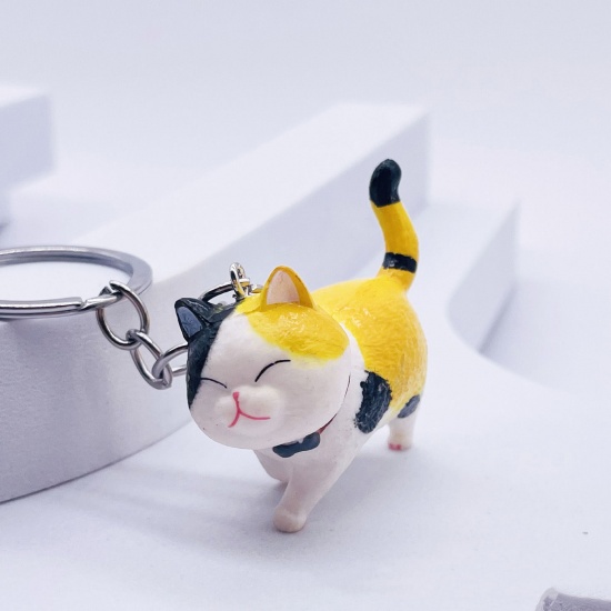 Picture of 1 Piece Vinyl Cute Keychain & Keyring Silver Tone Yellow Cat Animal 4.5cm x 2cm