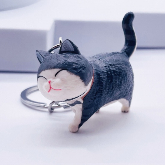 Picture of 1 Piece Vinyl Cute Keychain & Keyring Silver Tone Dark Gray Cat Animal 4.5cm x 2cm