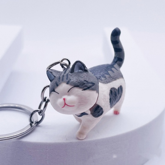 Picture of 1 Piece Vinyl Cute Keychain & Keyring Silver Tone White & Gray Cat Animal 4.5cm x 2cm