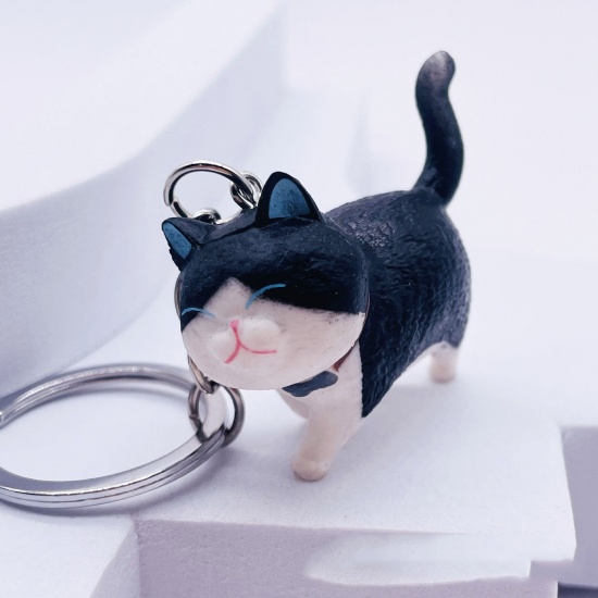 Picture of 1 Piece Vinyl Cute Keychain & Keyring Silver Tone Black & White Cat Animal 4.5cm x 2cm