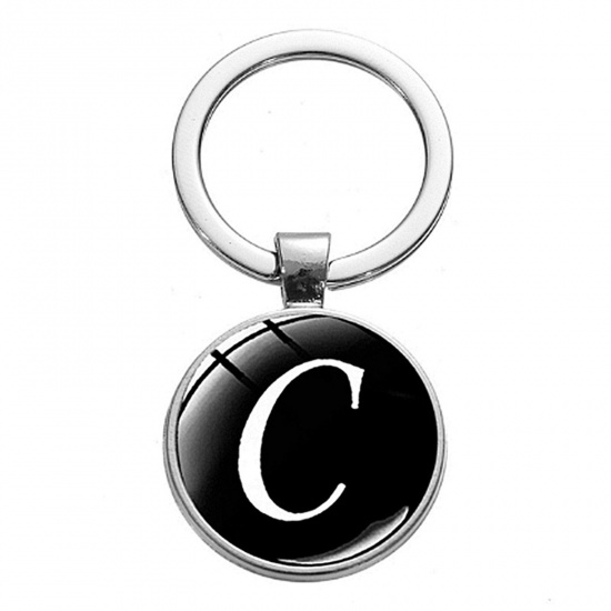 Immagine di 1 Pz Semplice Anello Portachiavi Tono Argento Tondo Lettera Maiuscola Messaggio " C " 5.3cm