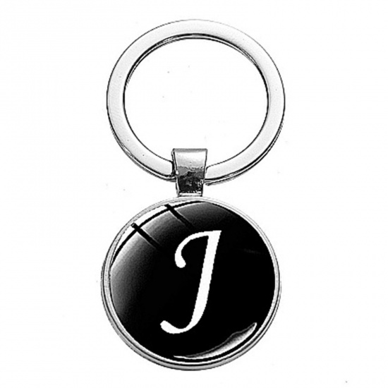 Immagine di 1 Pz Semplice Anello Portachiavi Tono Argento Tondo Lettera Maiuscola Messaggio " J " 5.3cm