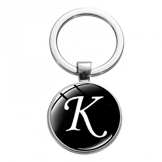 Immagine di 1 Pz Semplice Anello Portachiavi Tono Argento Tondo Lettera Maiuscola Messaggio " K " 5.3cm