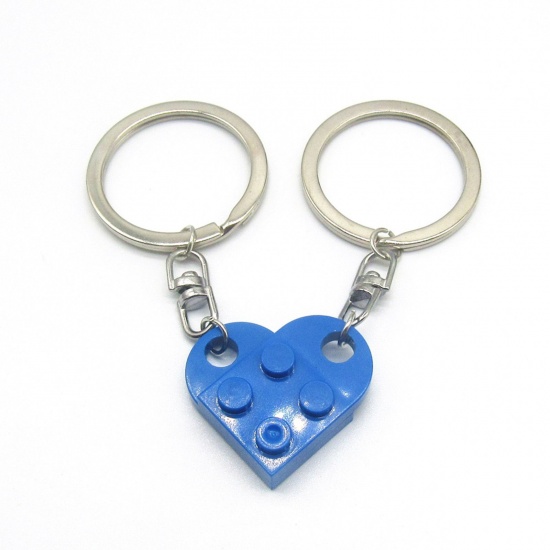 Picture of 1 Set ( 2 PCs/Set) ABS Splicing Keychain & Keyring Silver Tone Blue Heart Building Blocks 2.7cm x 2.5cm