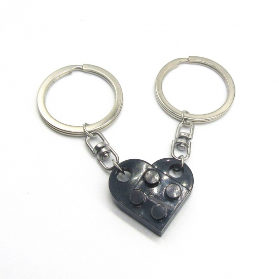 Picture of 1 Set ( 2 PCs/Set) ABS Splicing Keychain & Keyring Silver Tone Black Heart Building Blocks 2.7cm x 2.5cm