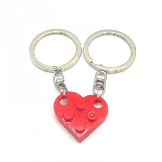 Picture of 1 Set ( 2 PCs/Set) ABS Splicing Keychain & Keyring Silver Tone Red Heart Building Blocks 2.7cm x 2.5cm