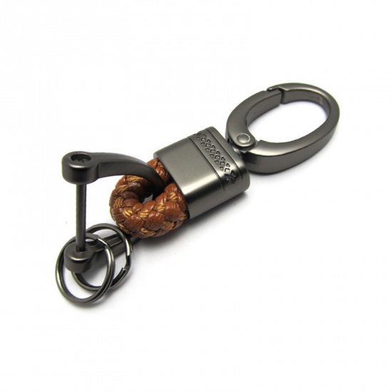 Picture of 1 Piece Stylish Keychain & Keyring Gunmetal Coffee Weave Textured 8cm x 2.7cm