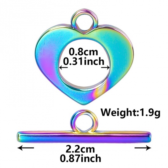 Picture of 2 PCs Vacuum Plating 304 Stainless Steel Toggle Clasps Heart Rainbow Color Plated