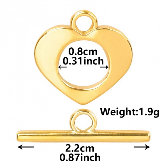 Picture of 2 PCs Vacuum Plating 304 Stainless Steel Toggle Clasps Heart 18K Gold Plated